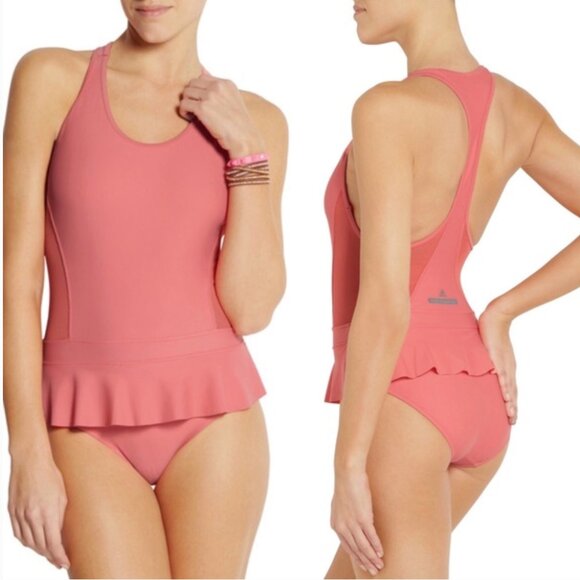 ADIDAS X STELLA MCCARTNEY Coral Pink One Piece Ruffle Swimsuit - Size L - Picture 1 of 14